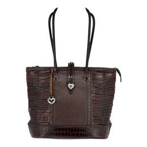 Brighton Leather Tote Bag Brown Croc Embossed Woven Panels Heart Charm Large
